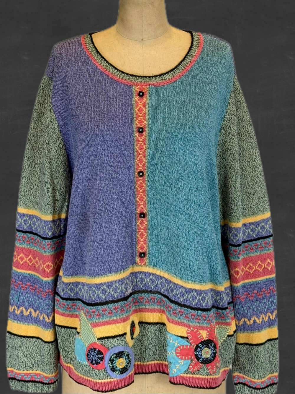 VINTAGE rainbow multicolor knit sweater cardigan 3D dimensional flower floral 90